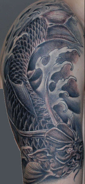 Black Grey Dragon Koi tattoo