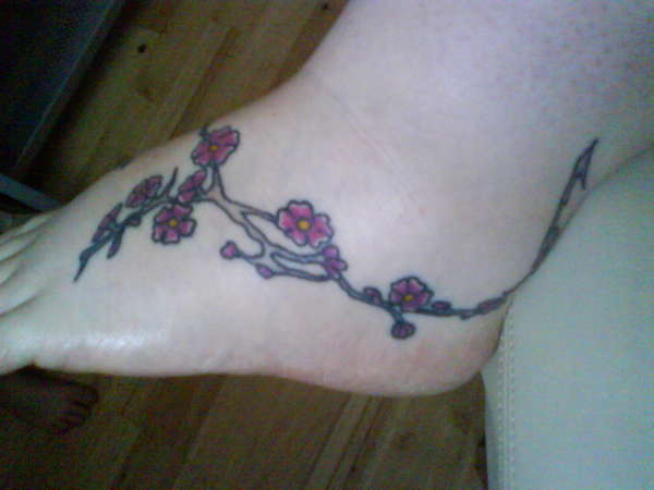 my wifes cherry blossoms on foot tattoo
