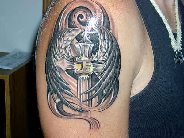 cross n angel wings tattoo