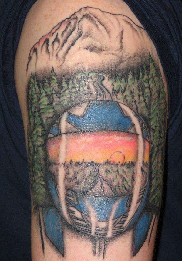 Riding into the sunset  -Motorcycle Helmet/Mountain tattoo