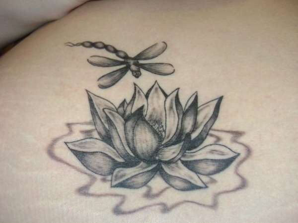 lotus and dragonfly greyscale tattoo