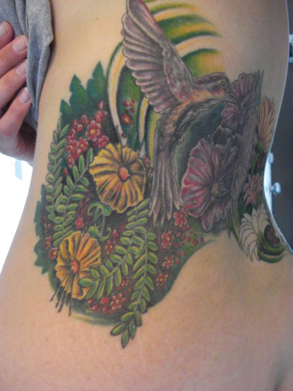 Hummingbird and Flowers tattoo