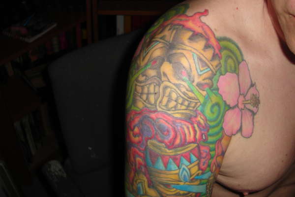 top of tiki half sleeve tattoo