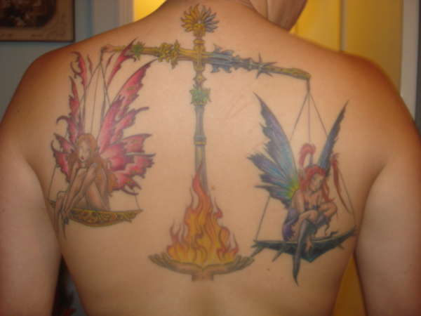 Libra Scales Fairy back piece tattoo