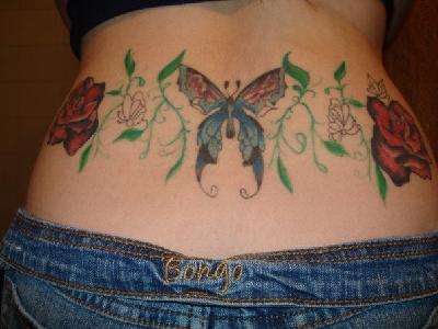 butterfly's n roses, lower back tattoo