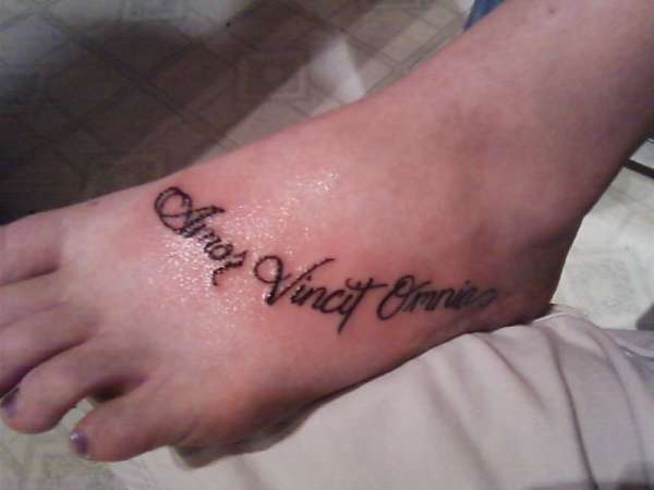 Love Conquers All (Latin) tattoo.