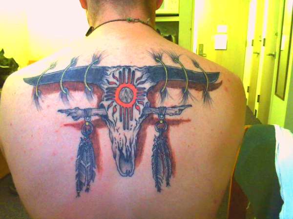 Native Cattle Skull w/Feathers tattoo