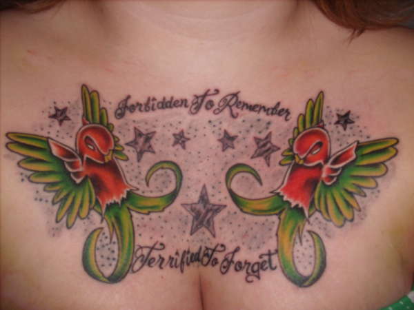 Forbidden to Remember, Terrified to Forget chest piece tattoo