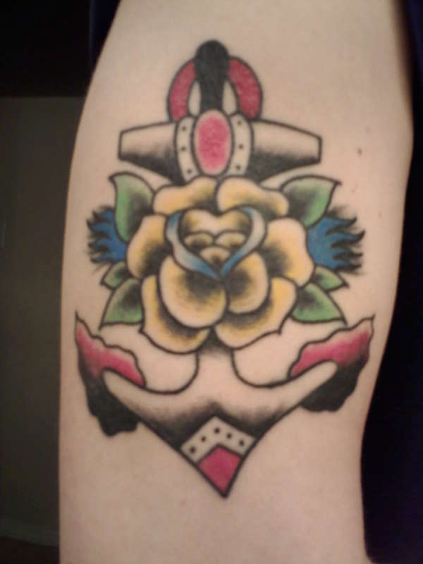 Traditional Anchor with Yellow Rose tattoo