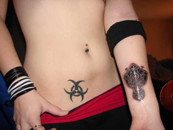 biohazard & gothic cross tattoo
