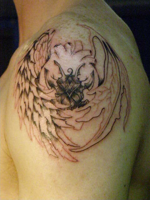 heart crab in progress angel devil wings tattoo