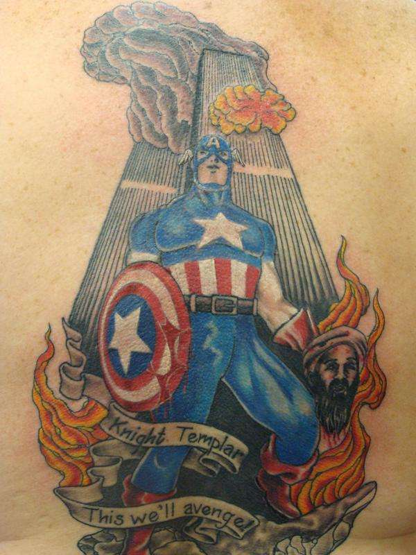 Captain America with Usama bin Laden's head tattoo
