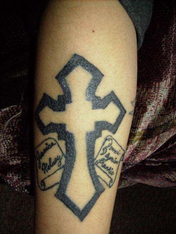 Cross With Siblings names tattoo
