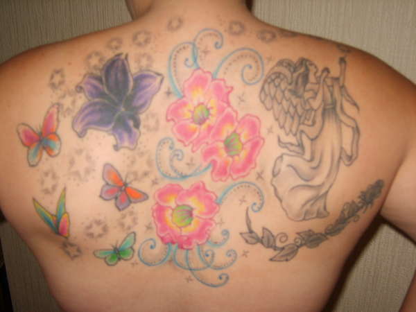 butterflies,flowers & guardian angel tattoo