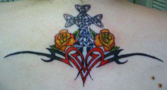 Tribal w/ cross & roses tattoo