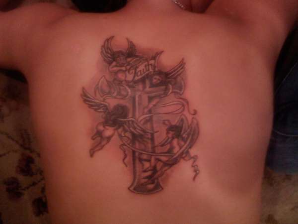 cross w/ angels and faith ribbon tattoo