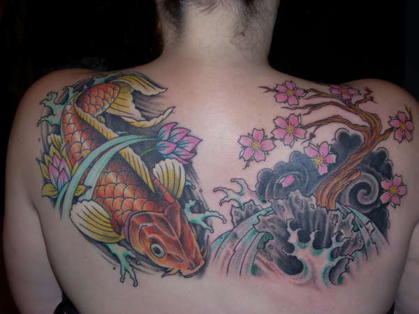 Koi and Cherry Blossom Tree Back Piece tattoo