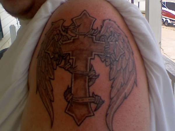 Cross, Angel Wings, and Barb Wire tattoo