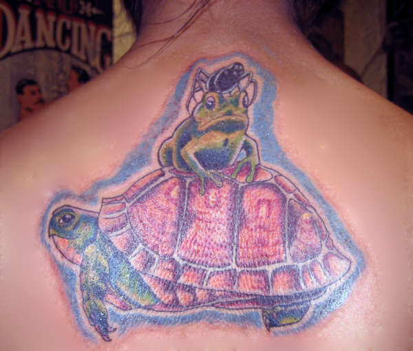 Spider on Frog on Turtle tattoo