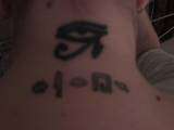 Eye of Ra and my son's name in hieroglyphics,, tattoo
