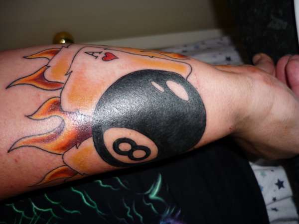 flames, cards, 8 ball tattoo
