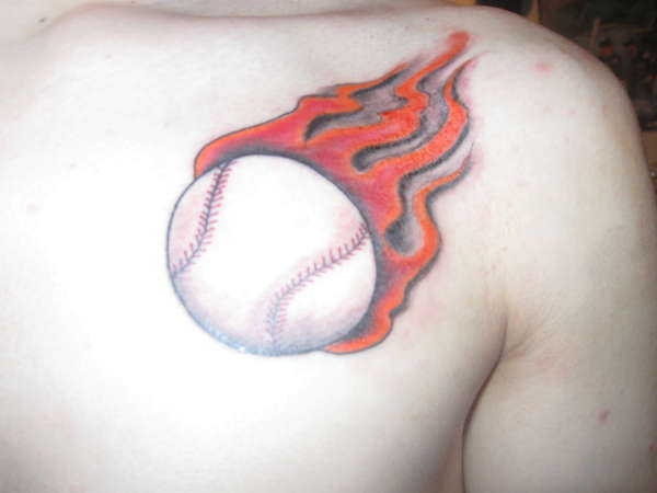 1st tat, flaming baseball tattoo