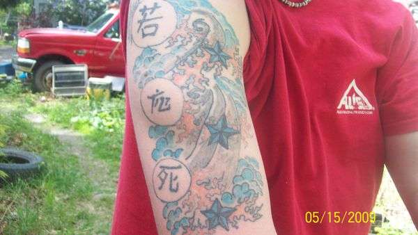 stars,symbols,lames, with japanese style background tattoo