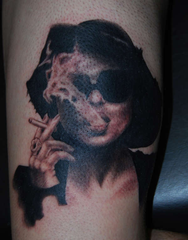 Marla from Fightclub part of a leg sleeve tattoo