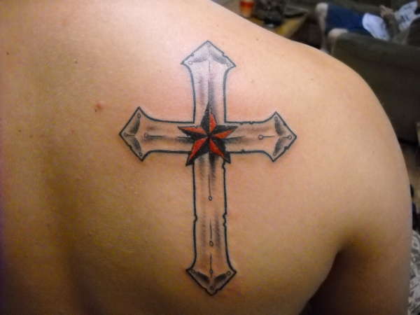 Cross with nautical star. tattoo