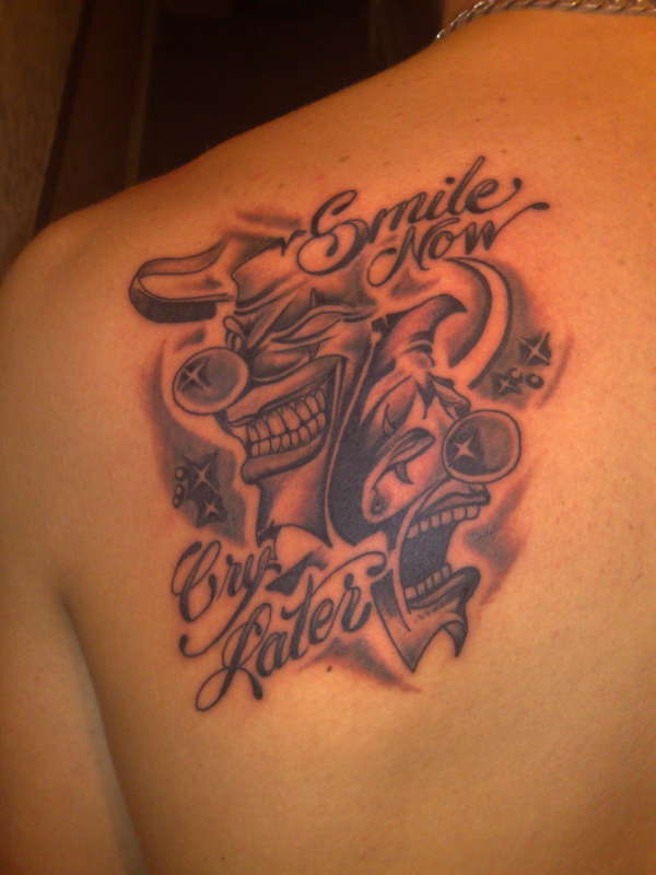 laugh now cry later tattoo lettering