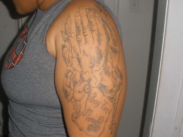 PRAYER HAND W/ SCROLL SAS PRAY FOR MERCY tattoo