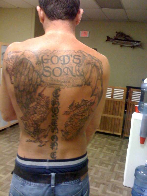 angels fighting demons back tattoos