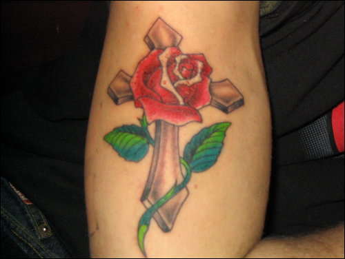 cross and rose tattoo