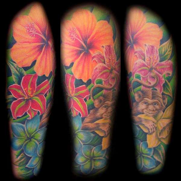 flowers & monkey tattoo