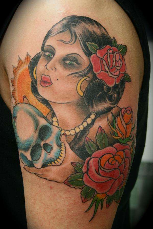 Traditional Girl w/ Skull and Roses tattoo