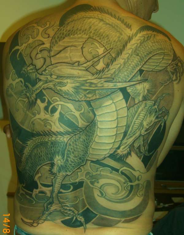 black and grey dragon back piece tattoo