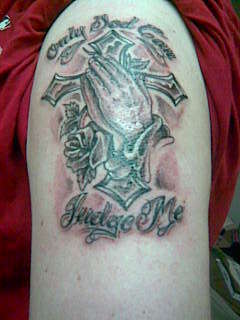 Cross w/ Praying Hands. Not healed. tattoo