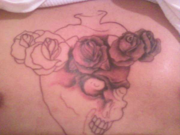 sacred heart with skull and roses 2nd session tattoo
