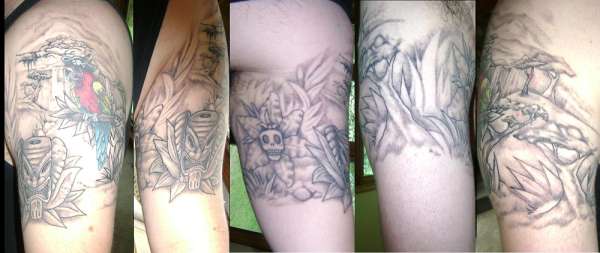 Tropical 1/2 sleeve Outline and blacks tattoo