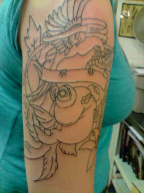 Half sleeve starting point, goldfish and sparrow tattoo