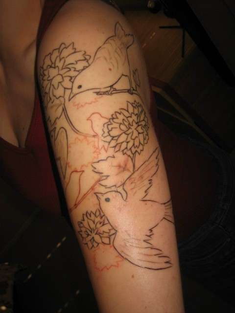 Birds & Flowers (session 1: outline) tattoo