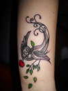 black & gray bird with cherries & leaves tattoo