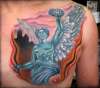 Mexico City Angel cover up of old name and hearts by Beto Munoz tattoo