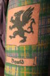 Family crest and tartan on upper left arm tattoo