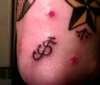 Sailor Jerry logo tattoo on elbow