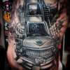 Cadillac and Golden Gate Bridge tattoo by Steve'O