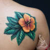 Justines yellow and red Hibiscus with Green foilage 3D cover up tattoo