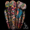 Red Hannya Green Snake and Pink and blue Chrysanthemums in blac tattoo