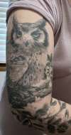 Gray scale, photo-realistic owl tattoo