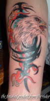 tribal, eagle, flames tattoo
